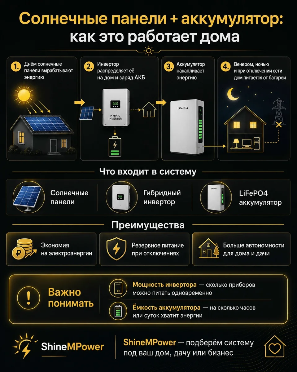 Схема домашней системы резервного питания: солнечные панели на крыше, гибридный инвертор и LiFePO4-аккумулятор